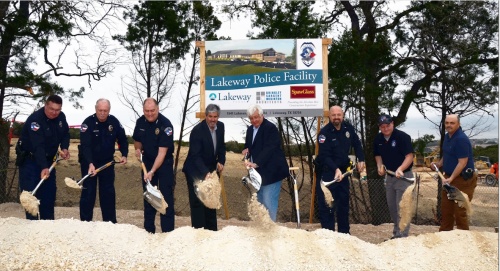 City of Lakeway Police executives break ground on the city's new police facility Feb. 16, 2018. Chief Todd Radford (third from left) stands beside City Manager Steve Jones and Mayor Joe Bain. 