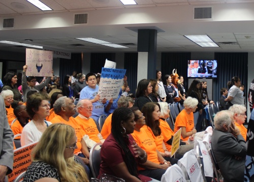 Austin ISD parents and students spoke in support of Norman and Sims elementary schools as well as Mendez Middle School during public comment at the AISD board of trustees meeting on March 26.