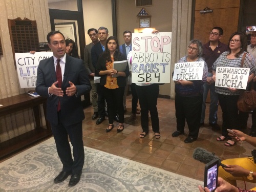 U.S. Rep. Joaquin Castro, D-San Antonio, speaks against SB 4 outside the San Marcos City Council Chamber in August 2017.