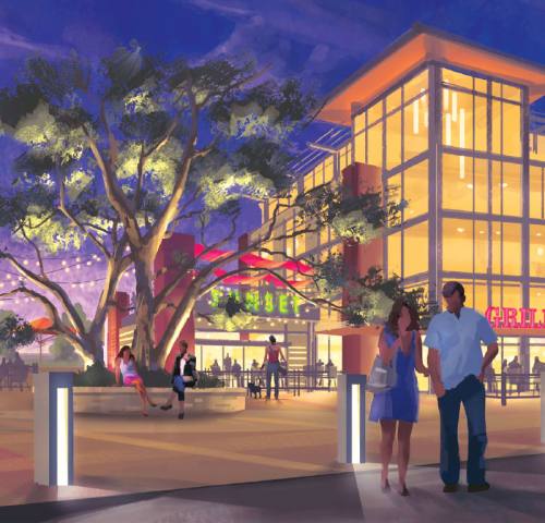 This rendering shows the a portion of the village green and retail center in the proposed Lakeway City Center project that went before city zoning and planning Mar. 7.