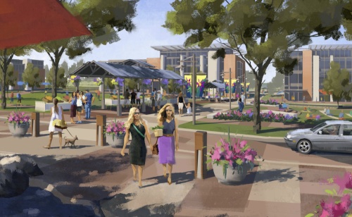 An artist's concept shows the village green at the proposed Lakeway City Center. In the background are mixed-use buildings that could rise to four stories dependent on market desire. 