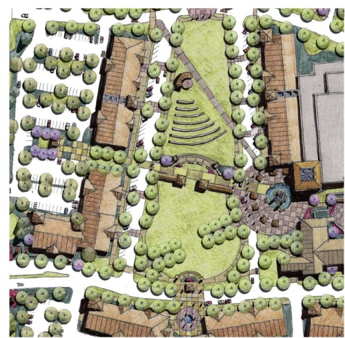 Here is a closeup view of the proposed Lakeway City Center project's village green as featured in the March 7 version. The open space would be surrounded by retail, office and arts buildings.