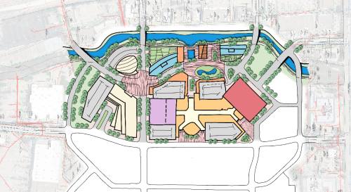 One possible plan to redevelop Plano's ailing Collin Creek Mall depicts a sized-down retail center supplemented by mixed-use concepts and a man-made riverwalk feature.
