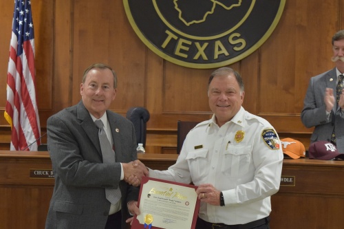 Fire Chief Russell Wilson was recognized during the meeting for winning the Fire Chief of the Year award from the Texas Fire Chiefs Association at their annual conference from Feb. 26-28