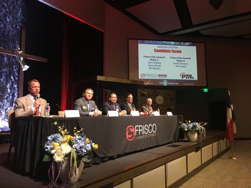 Frisco City Council candidates answer questions at candidate forum hosted by Frisco Chamber of Commerce.
