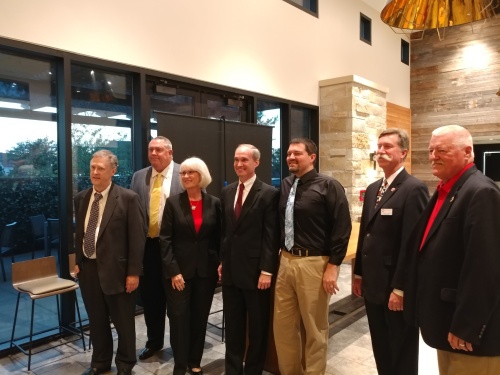 Katy City Council candidates pose for a photo with State Rep. Mike Schofield after the forum. From left to right: Larry Gore, Ray Boothe, Janet Corte, Schofield, Chris Harris, Durran Dowdle, Sam Pearson