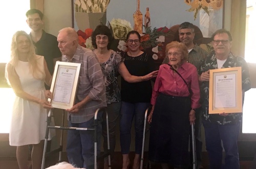Sunset Valley residents Betty Grubbs and Milton Behrens, who both turn 100 in May, were honored by City Council Tuesday.