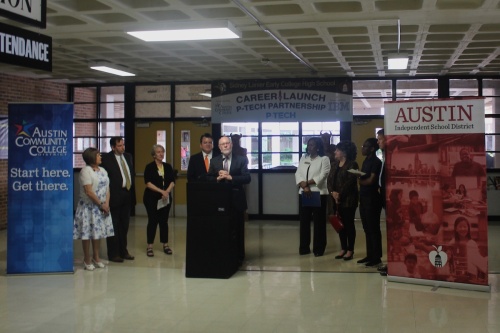 Sandy Dochen, Texas-area manager of corporate citizenship for IBM spoke at Austin ISD's press conference Wednesday about the new tech job development program at Lanier High School.