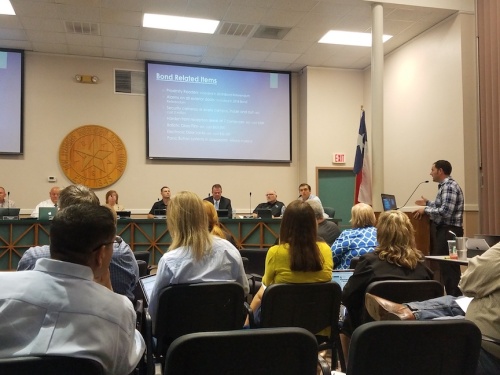 New Braunfels ISD Vice President Wes Clark presents findings from a safety and security committee to the school board at its May 21 regular meeting.