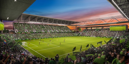 Renderings for a proposed Major League Soccer stadium at McKalla Place in Austin. 