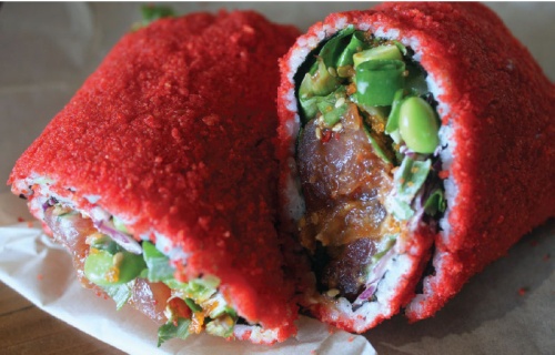 The Pokerrito is made with a seaweed or Flaminu2019 Hot Cheetos wrap and filled with raw fish, rice and toppings.