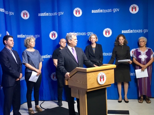 Austin Mayor Steve Adler outlined the need for the city to address the city's growing opioid epidemic at a press conference on May 24. He was joined by addiction medicine expert Dr. Carlos Tirado [from left], Heather Alden from the SIMS Foundation, local musician Carlos Sosa and council members Ann Kitchen, Kathie Tovo and Ora Houston.