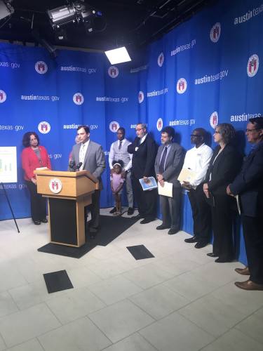 Raul Alvarez, executive director of Community Advancement Network, leads a press conference with local leaders regarding the latest socioeconomic indicators in Travis County.