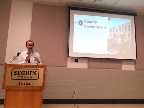 Jeff Barton, the project manager who is heading Guadalupe County's first strategic plan, speaks to residents at the first of two town hall meetings June 20.