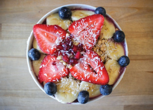Acai bowls, or as Ou2019JOY calls them, Joy Bowls ($8), start with a thick, fruit and ice-blended base topped with fruit, granola and other toppings.