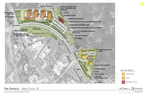 This rendering shows the concept design of the two tracts located along Bee Cave Parkway. If approved, the larger tract would be used for office complexes and restaurant and the smaller tract would be residential.