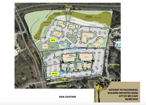 This rendering shows the locations of proposed additional signs and public entrances at Gateway to Falconhead. Bee Cave City Council voted 4-2 in favor of the signs despite staff recommendation for denial due to inconsistencies with city codes. 
