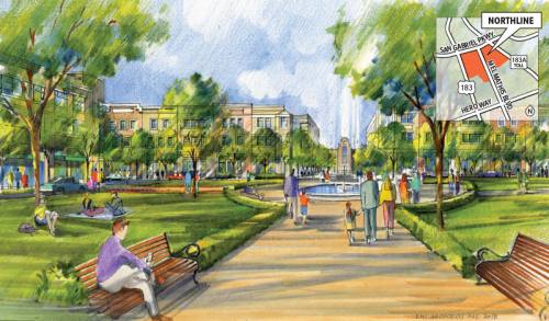 A rendering shows what a public park within Northline could potentially look like.