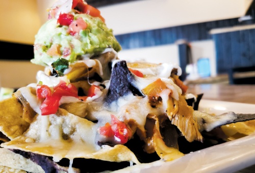 Tinga Chicken Nachos ($10.99) come stacked with pureed black beans, tinga chicken, Jack cheese, queso and habanero aioli topped with fresh guacamole.