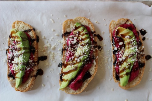 Herb & Beet's Avocado Beet Toast ($5) is a toasted ciabatta slice topped with beet hummus, avocado, cotija cheese and balsamic glaze.