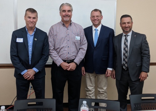 Leander Mayor Troy Hill, Bill Meyer, the Williamson County Home Builders Association Chapter chairman, Cedar Park Mayor Corbin Van Arsdale and Round Rock Mayor Craig Morgan spoke at a panel on city growth held by the HBA of Greater Austin.