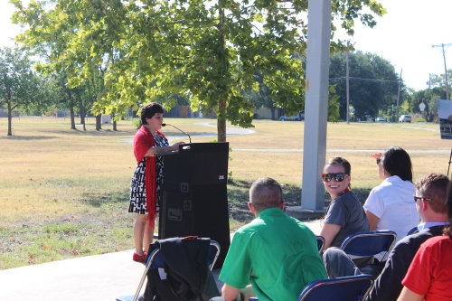 T.A. Brown Principal Veronica Sharp spoke at a site dedication ceremony Wednesday.