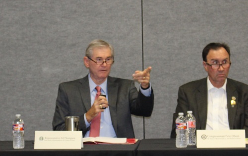 State Rep. Ed Thompson and U.S. Rep. Pete Olson both spoke at a Hurricane Harvey panel on Thursday, Aug. 30. 