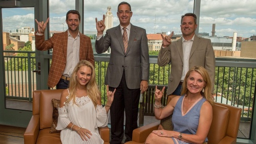 McMinn Law Firm lawyers, along with their wives, donated $1 million to support the new player development facility of the University of Texas baseball program. From Left: Justin McMinn, Kendall Beard McMinn, UT Vice President Chris Del Conte, Jason McMinn and Heather McMinn.