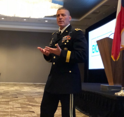 U.S. Army Lt. Gen. Paul Ostrowski speaks during the annual RECA Exchange at the J.W. Marriott Hotel in Austin on Tuesday, Sept.  11.