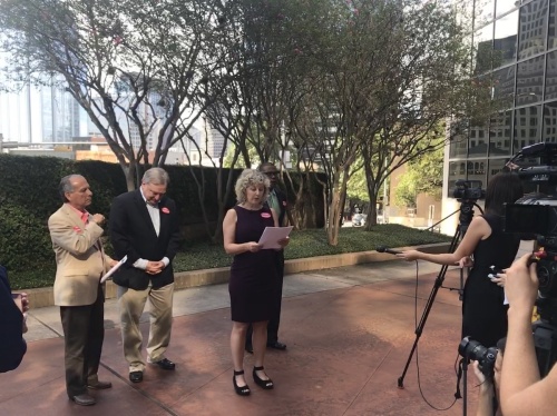 Frank Ortega of League of United Latino American Citizens, Local attorney Fred Lewis, and Heather Alden of the SIMS Foundation spoke at a press conference regarding Central Health's budget Sept. 18.