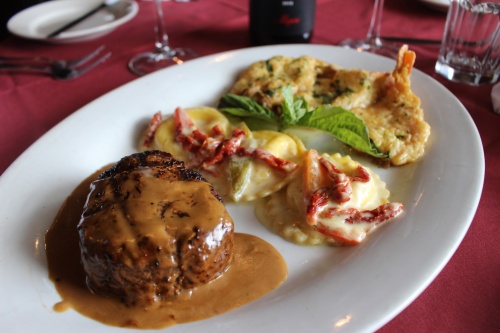 The Italian French Connection ($45) includes an 8-ounce filet mignon, three French-style shrimp and three large cheese ravioli in a vodka cream sauce. 