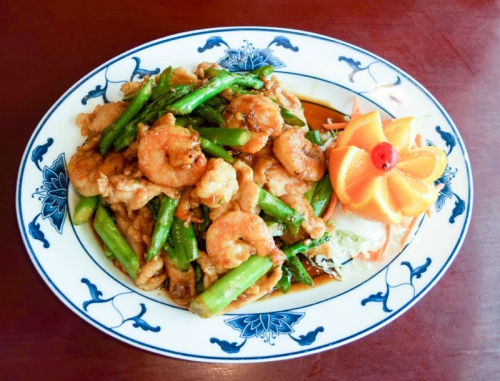 Asparagus chicken and shrimp: The asparagus chicken and shrimp comes with equal parts chicken and prawns with steamed asparagus, served in a smoothly flavored white sauce. $8.75 