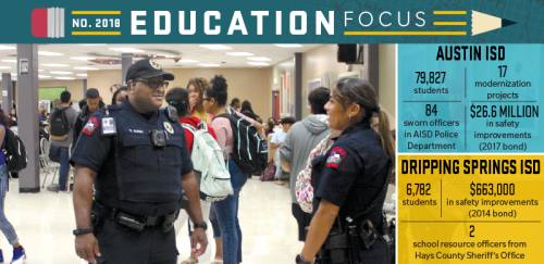 Austin ISD school resource officers Vincent Rush and Veronica Johnson patrol the Johnson Early College High School cafeteria.