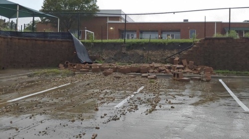 Due to rain Sept. 21-22, the retaining wall east of the playground at Caldwell Elementary School collapsed. 