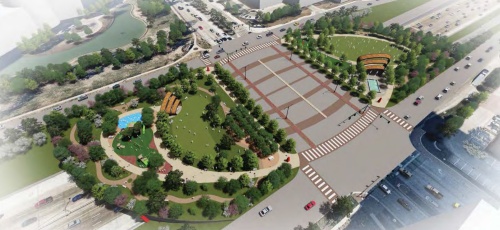 This conceptual rendering depicts a deck park connecting Plano's Legacy West development with Legacy Town Center.