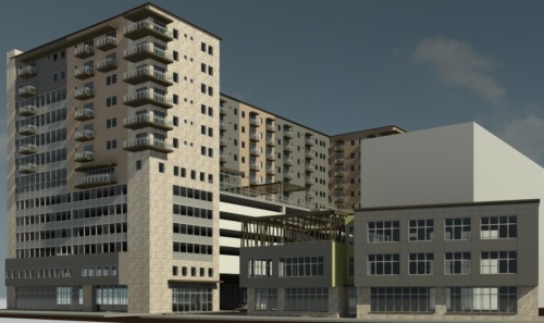 A rendering shows how the multifamily/retail building at Serene Plaza could look once constructed.