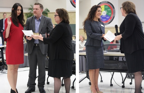 First image: Leander ISD trustee Grace Barber-Jordan (right) conducts the swearing-in of new board member Elexis Grimes (left) accompanied by her husband Lyle Grimes (center) at a meeting Nov. 29. Second image: New LISD trustee Gloria Gonzales-Dholakia (left) shakes hands with Barber-Jordan (right).
