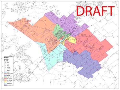 Above is the current draft map for new elementary attendance zones in San Marcos CISD. The district is rezoning to accommodate Rodriguez Elementary School, which will open in August 2019. According to officials, the final rezoning map will be published following the completion of all community input meetings