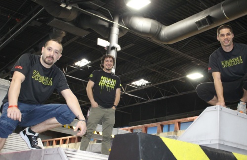 Manager Aaron Brown (middle) and coaches TJ Stuart (left) and Shane Daniels (right) promote the sports of freerunning and parkour at the Tempest Freerunning Academy in Southlake.