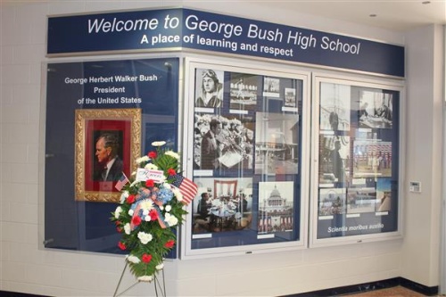 A George Bush memorial is seen at Bush High School.