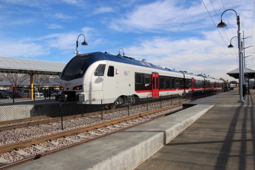 A TEXRail train sits in the Grapevine Main station ready for its first passengers.
