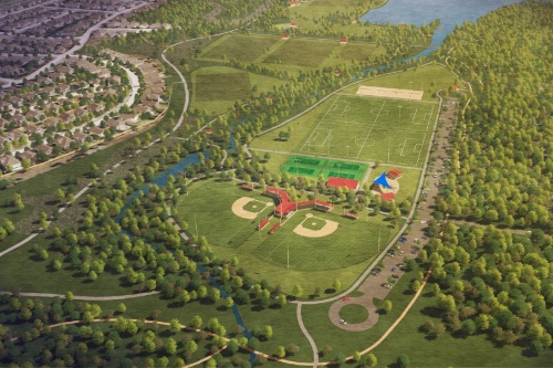 A concept drawing of the south side of Lakeline Park shows sports courts and fields.