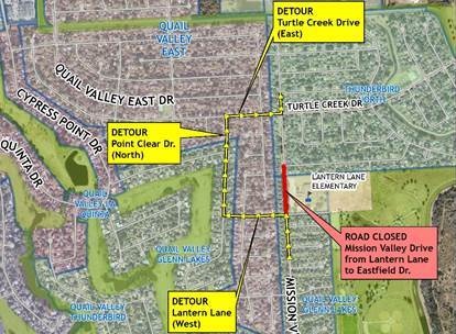 This map shows the Mission Valley Drive detour pathway.