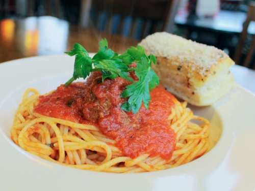 Spaghetti and meatballs ($8.45): Spaghetti is paired with homemade marinara sauce and meatballs, garnished with parsley and served with a garlic breadstick.  