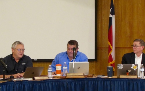 (From left) Dripping Springs Mayor Pro Tem Bill Foulds, Mayor Todd Purcell and Councilmember John Kroll speak Jan. 8. 