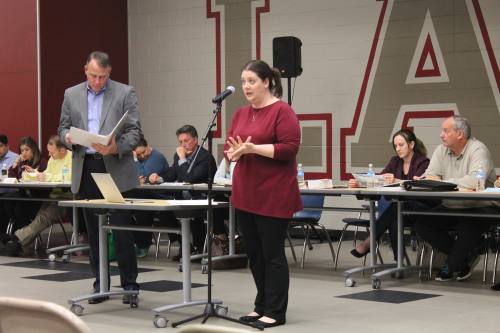 Sara Holder, chairwoman of the Clear Creek ISD School Boundary Advisory Committee, shares the committee's recommended attendance zone changes at a public hearing Jan. 15 at Clear Lake High School.