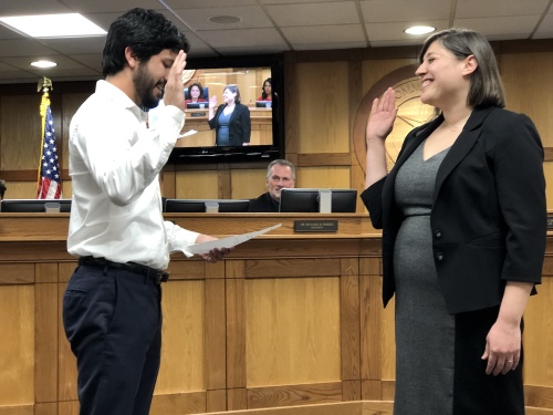 Austin City Council Member Greg Casar swears in Stephanie Gharakhanian to the Austin Community College board of trustees Monday, Jan. 14 in Austin.