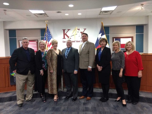 Ken Gregorski (fourth from left) stands with Katy ISD board members after they voted 7-0 on Jan. 14 to approve his contract as superintendent. 