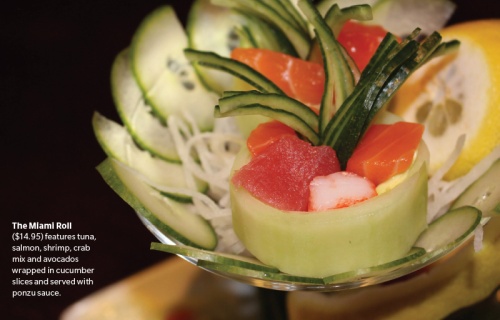 ($14.95) features tuna, salmon, shrimp, crab mix and avocados wrapped in cucumber slices and served with ponzu sauce.