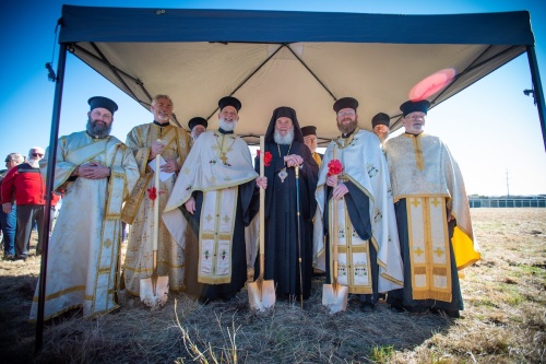 Deacon Elisha Long (left), Deacon Gregory Farman, Father David Barr, Bishop Basil, Father Raphael Daly and Father Daniel Daly celebrate the groundbreaking of Saint Elias Orthodox Church North Campus on Jan. 5.
